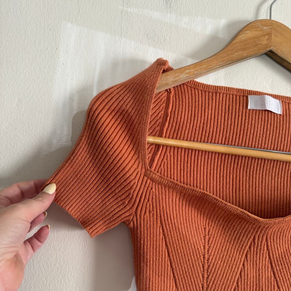 ISALIS Burnt Orange Square Neck Cropped Short Sleeve Ribbed Sweater Medium - Picture 4 of 6